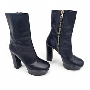 Gucci Platform Block Heel Short Boot Navy Blue Leather Zip Up Size 37 US 7